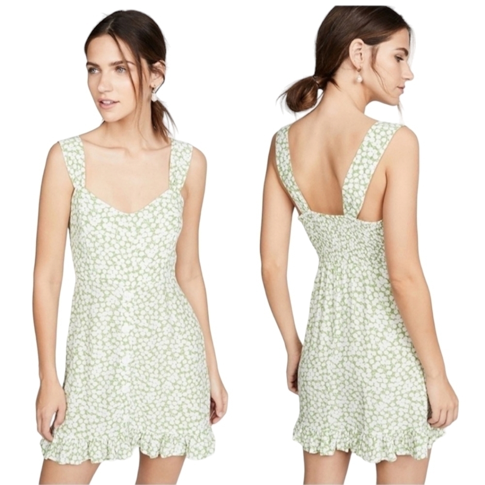Faithfull the Brand Lou Lou Mini Dress Medium Avocado Green Floral Ruffled Hem